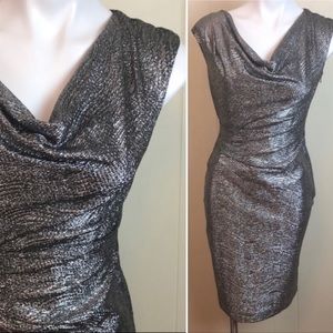 Vince Camuto Silver Metallic Cowl Neck Party Dress 4 Gathered Retro 6M9971